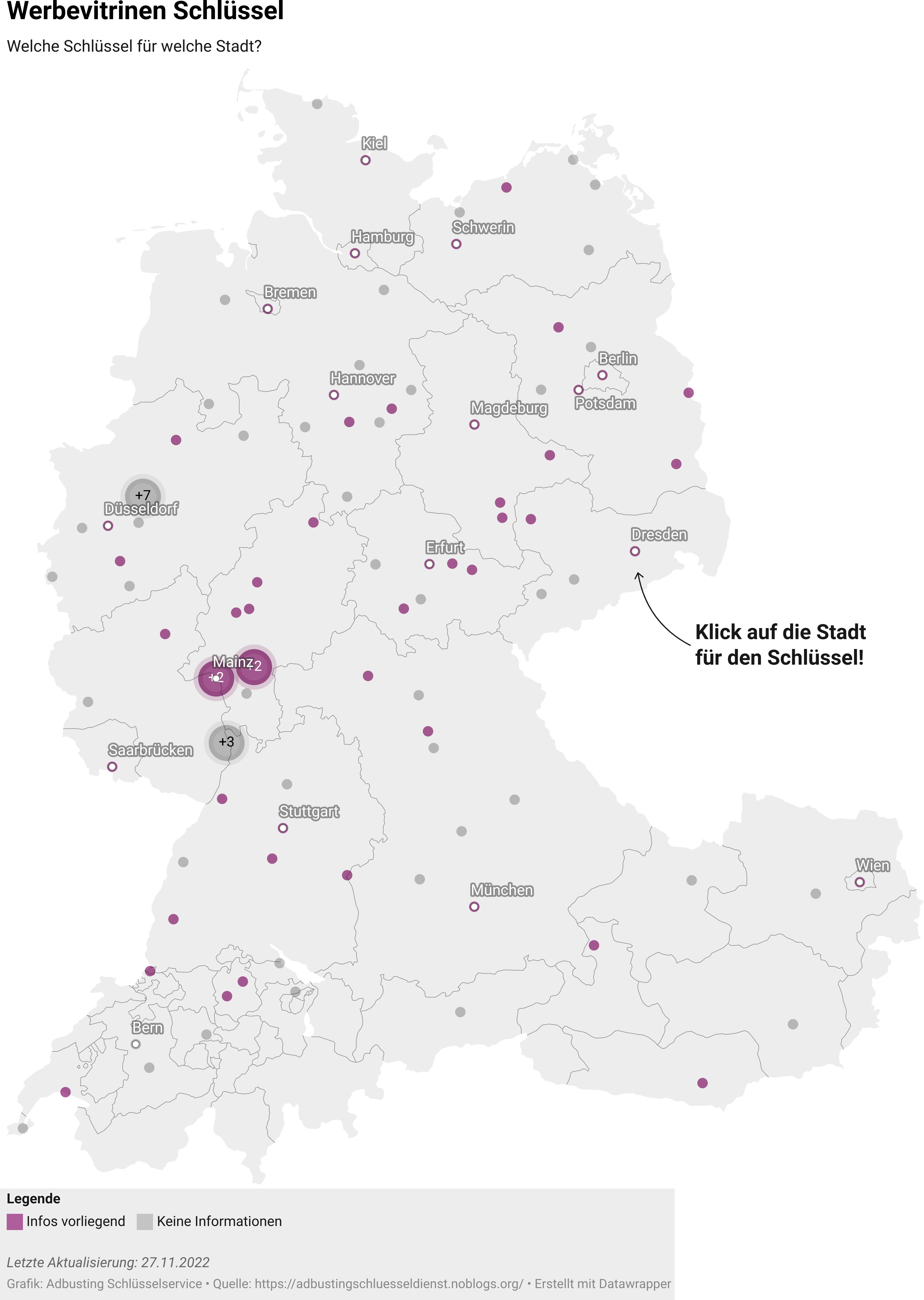 Eine Karte von Österreich, Schweiz und Deutschland mit Punkten auf den größten Städten. Der Link führt zu einer datawrapper-Landkarte. Auf dieser Landkarte kann man dann über die Punkte auf der Karte fahren und bekommt Infos zu den häufigsten Schlüsseltypen. Happy Adbusting!
